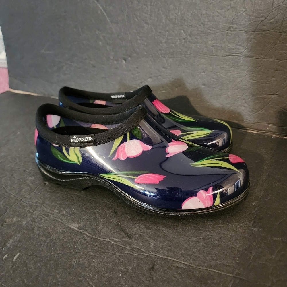 Sloggers Tulips Waterproof Garden Shoes Comfort Insole Dark Blue Floral Size 6